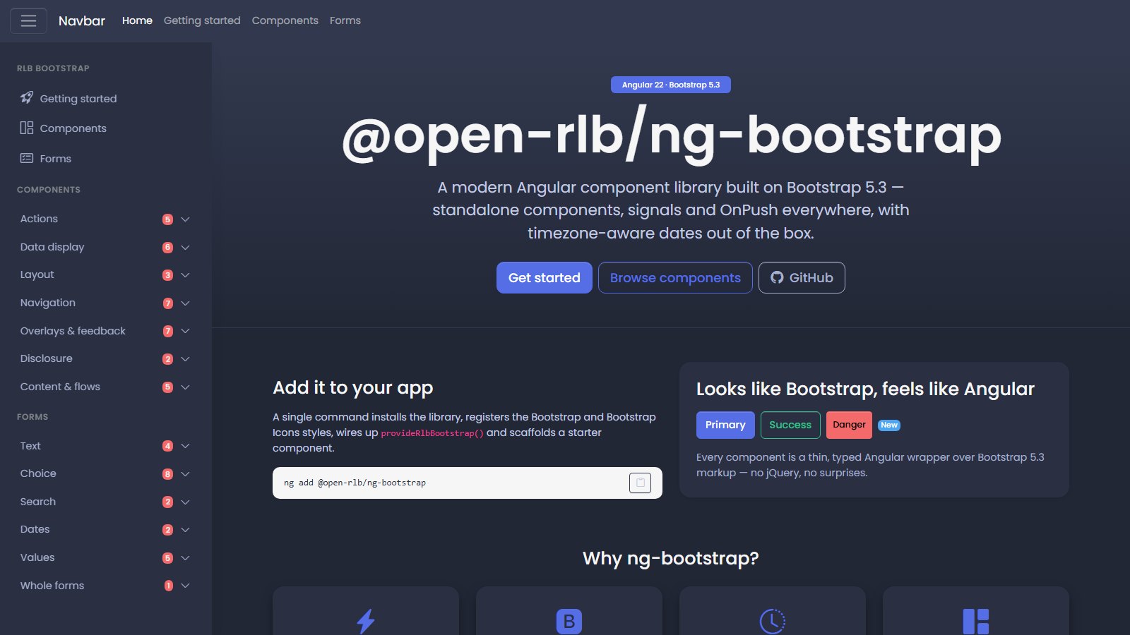 Pagina iniziale della documentazione di ng-bootstrap: il comando ng add e, a sinistra, i componenti divisi per gruppo.