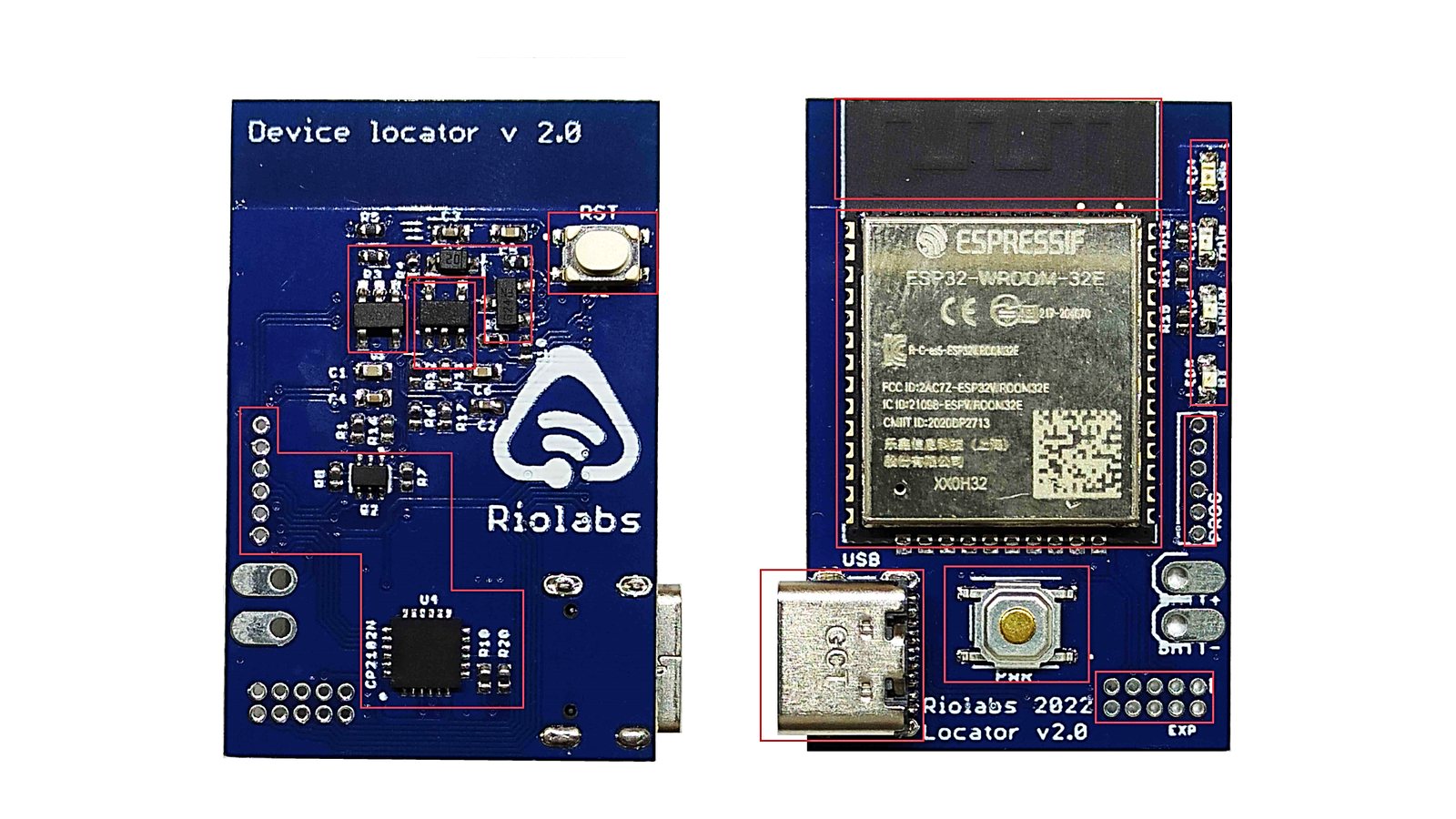 Il dispositivo BLE di Troveme, retro e fronte: scheda blu con il logo Riolabs, il modulo ESP32 e la porta USB-C. I riquadri rossi segnano i componenti principali.